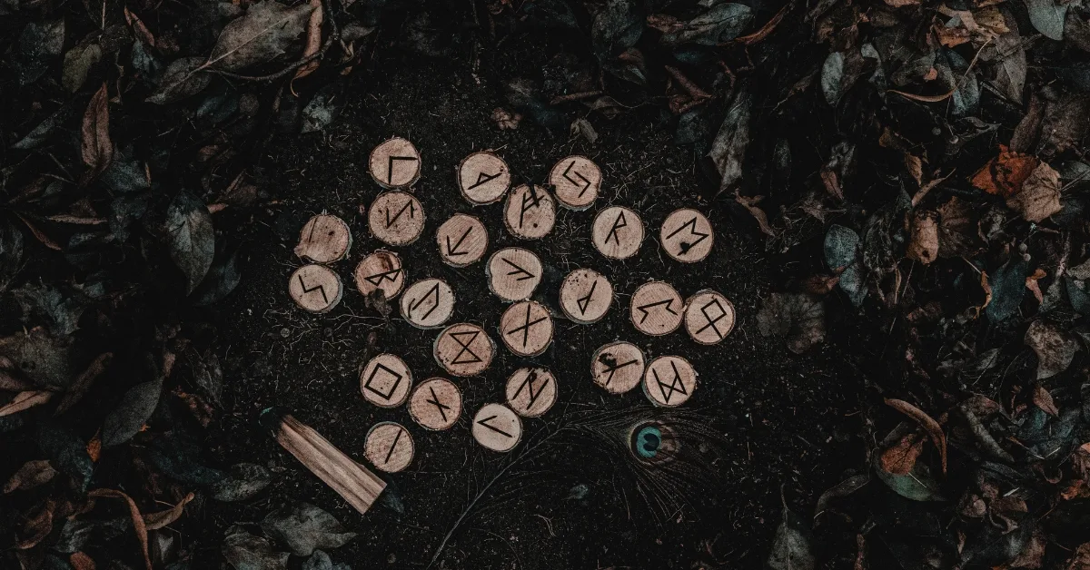 Elder Futhark runes carved in wood lying on the ground