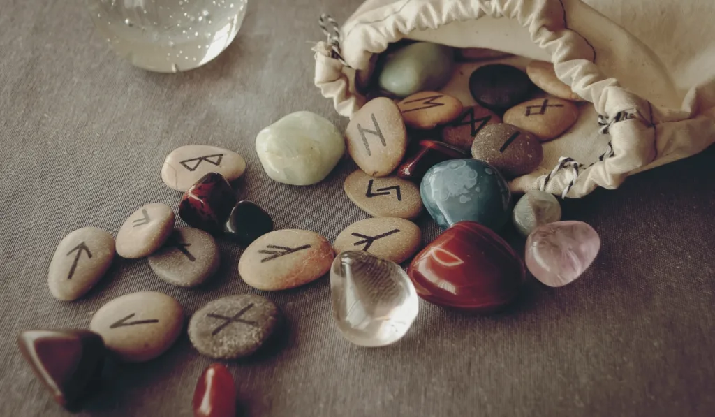 A pouch with rune stones and various crystals