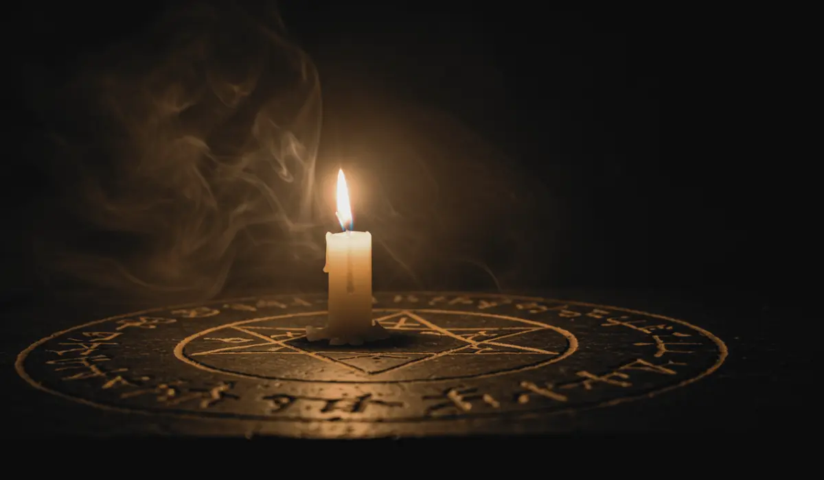 A lit candle placed on a carved pentagram surrounded by various sigils, representing chaos magick ritual practice