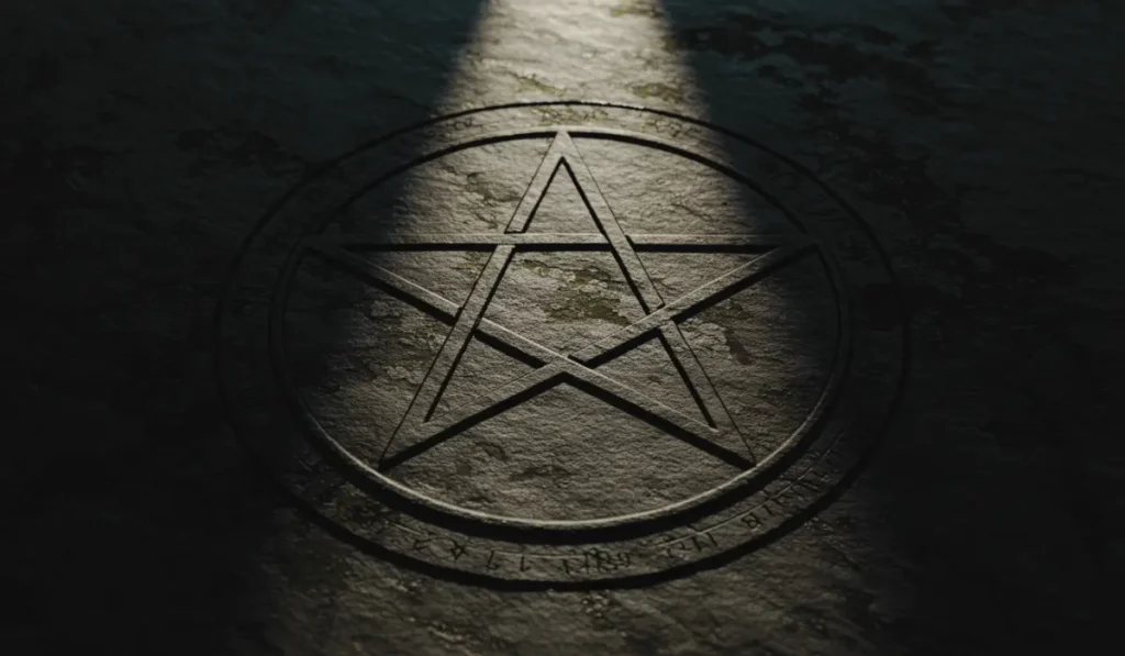 a pentagram symbol engraved into a metal plate